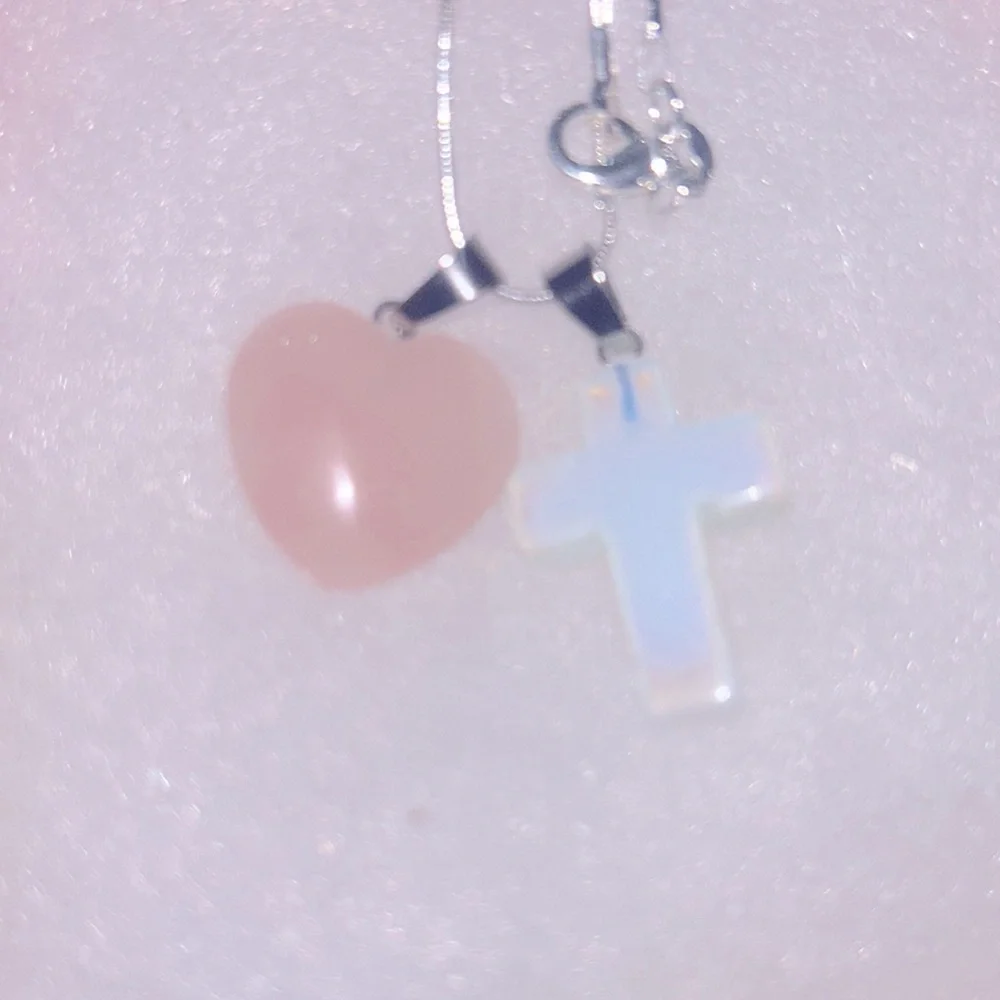 Boho hippie Opal Cross and Rose Quartz Heart Sterling Silver 16” Neckla…